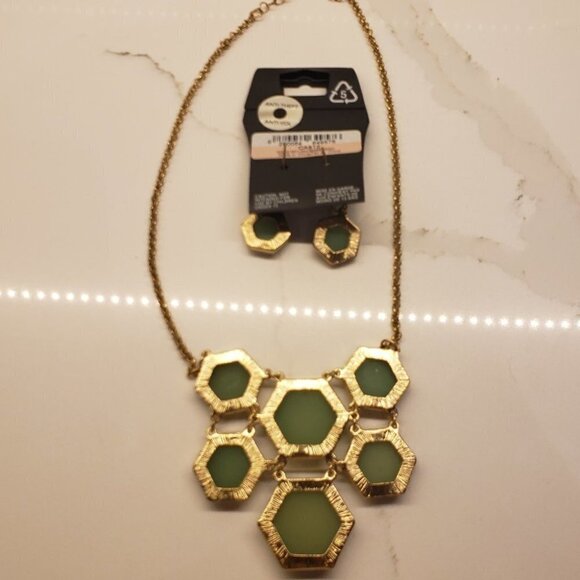 Costume Jewelry hexagon Jade green earrings necklace set hexagon George - Picture 5 of 8